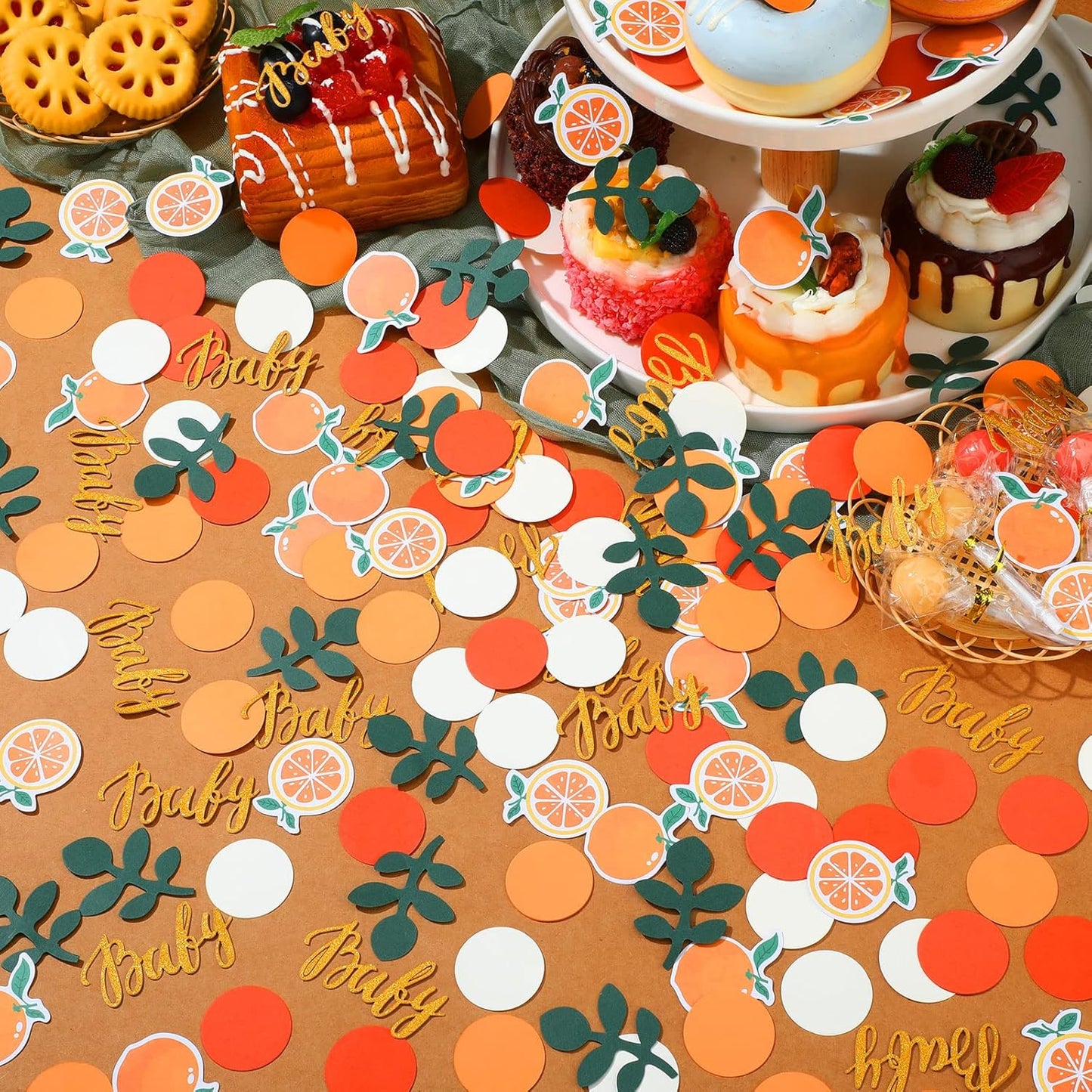 400 Pcs Little Cutie Baby Shower Confetti Citrus Decoration Orange Baby Shower Confetti with Eucalyptus and Orange Tangerine Table Scatter for Gender Reveal Decor