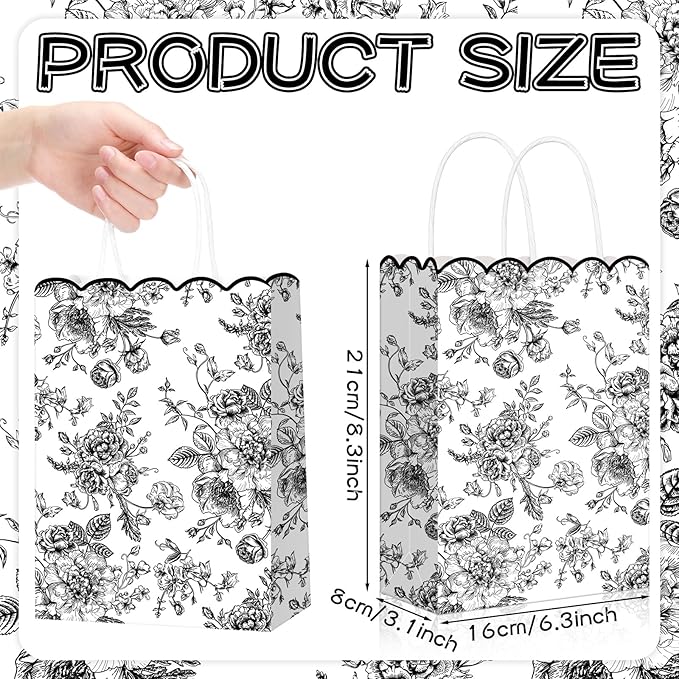 Kolldenn 24 Pcs Black Floral Gift Bags with Handles Wildflower Party Favor Candy Treat Goodie Bags Scalloped for Birthday Decoration for Bridal Baby Shower Party Supplies