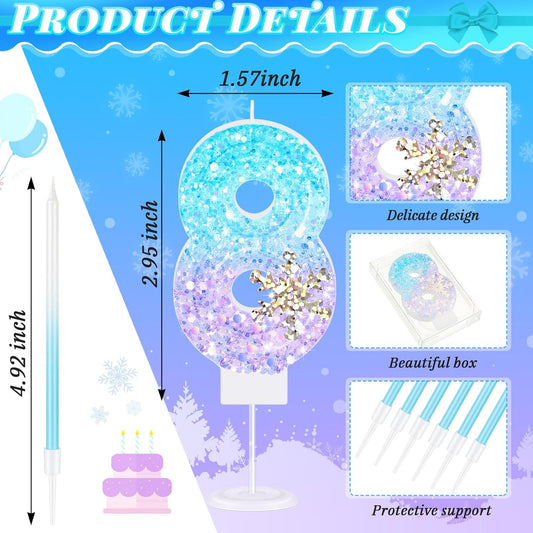 MTLEE Number 8 Birthday Candle Blue Snowflake with 6 Long Thin Cupcake Candles Blue Sparklers Glitter Number Happy Birthday Cake Topper Decorations for Winter Party Supplies