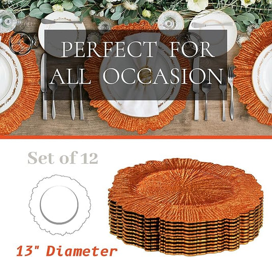 MAONAME Orange Charger Plates Set of 12, Reef Plate Chargers for Dinner Plate, Plastic Decorative Plates for Table Setting, Thanksgiving, Christmas