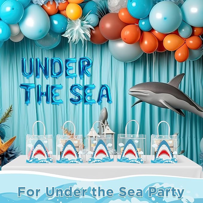 Aliceset 20 Pcs Shark Party Clear Favor Bags with Handles Sea Party Goodie Bags for Shark Themed Baby Shower Birthday Ocean Animals Themed Candy Snack Treat Wrapping Summer Pool Supplies, 8x8x3.15inch