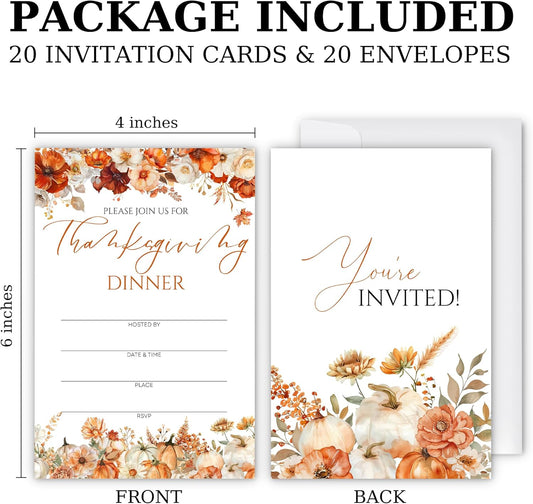Thanksgiving Invitations - Floral Pumpkin Design Card with Envelopes And RSVP Cards - You're Invited 20Pcs Fill In Friendsgiving Invitations Cards For Family & Friends(4 x 6 Inch) (028)