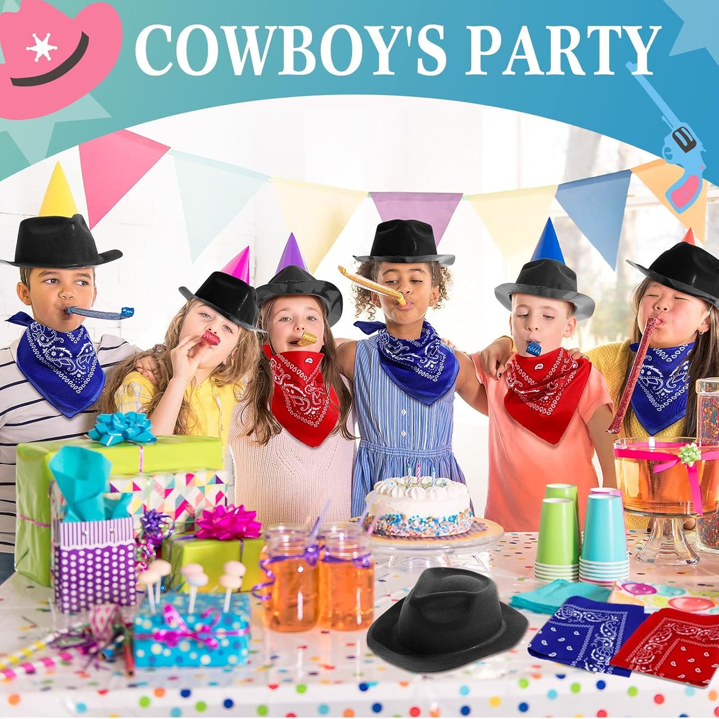 Hillban 72 Pcs Western Cowboy Hat and Paisley Bandana Set for Kids Felt Cowboy Party Hats for Costume Party Favors(Black)