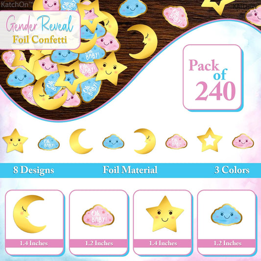 KatchOn, Baby Shower Confetti for Tables - Pack of 240 | Star and Moon Confetti For Gender Reveal Table Decorations | Pink, Blue and Gold confetti For Gender Reveal Party Decorations