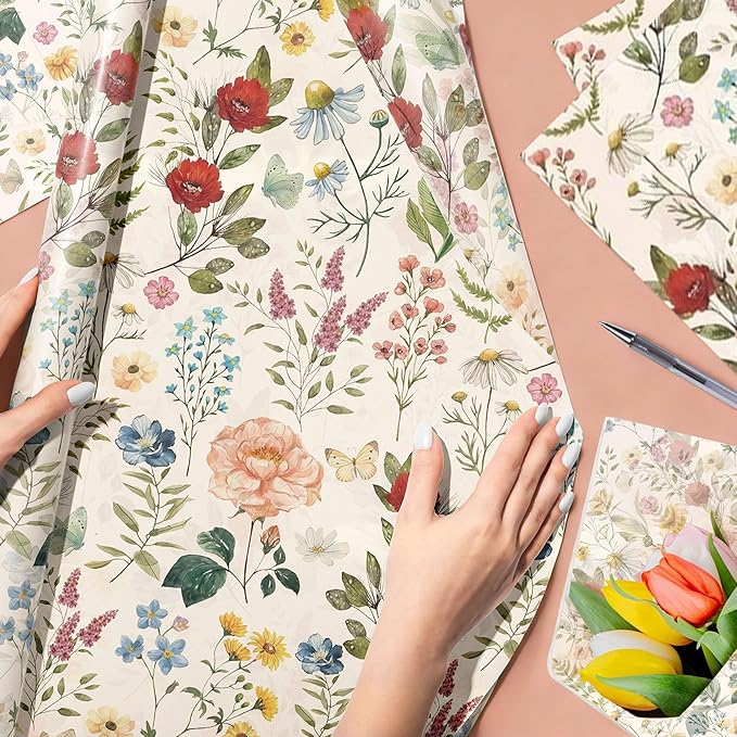 BACH AND BOUJEE 50 Sheets Vintage Wildflower Tissue Paper Floral Wrapping Paper Flower Printed DIY Craft Tissue Papers for Gift Bags Greenery Gift Wrap Packaging Bridal Shower Wedding Birthday