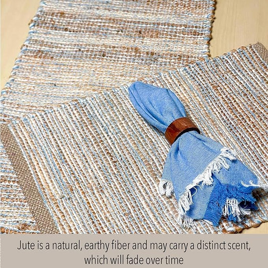 Chardin home Natural Jute Table Runner 13x90 Inch – Vintage Boho Rustic Table Decor – Handwoven Table Runner in Natural Jute and Sky Blue-White – Farmhouse Dining or Console Table Accent