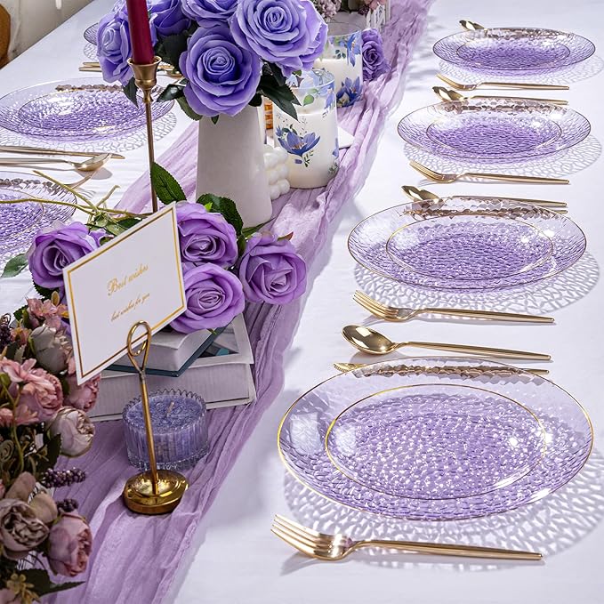 Rubtlamp 60Pcs Clear Purple Gold Plastic Plates, Purple Disposable Plates With Gold Rim, Hammered Plastic Plates Include 30 Clear Dessert Plates, 30 Dinner Plates for Party