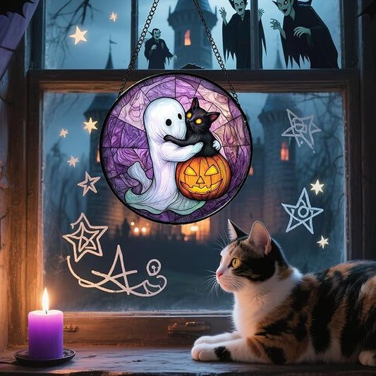 Stained Glass Window Hanging - Halloween Decorations Ghost Black Cat Pumpkin Suncatcher for Door Garden Spooky Purple Sun Catchers Gothic Decor Horror Gifts for Women Men Friend Boy 15 in