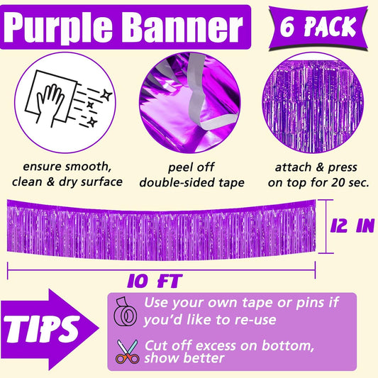 6 Pack 10 Feet Foil Fringe Garland Metallic Tinsel Banner Wall Hanging Curtain Streamers Backdrop for Parade Floats Bachelorette Wedding Birthday Party Thanksgiving Christmas Decorations(Purple)