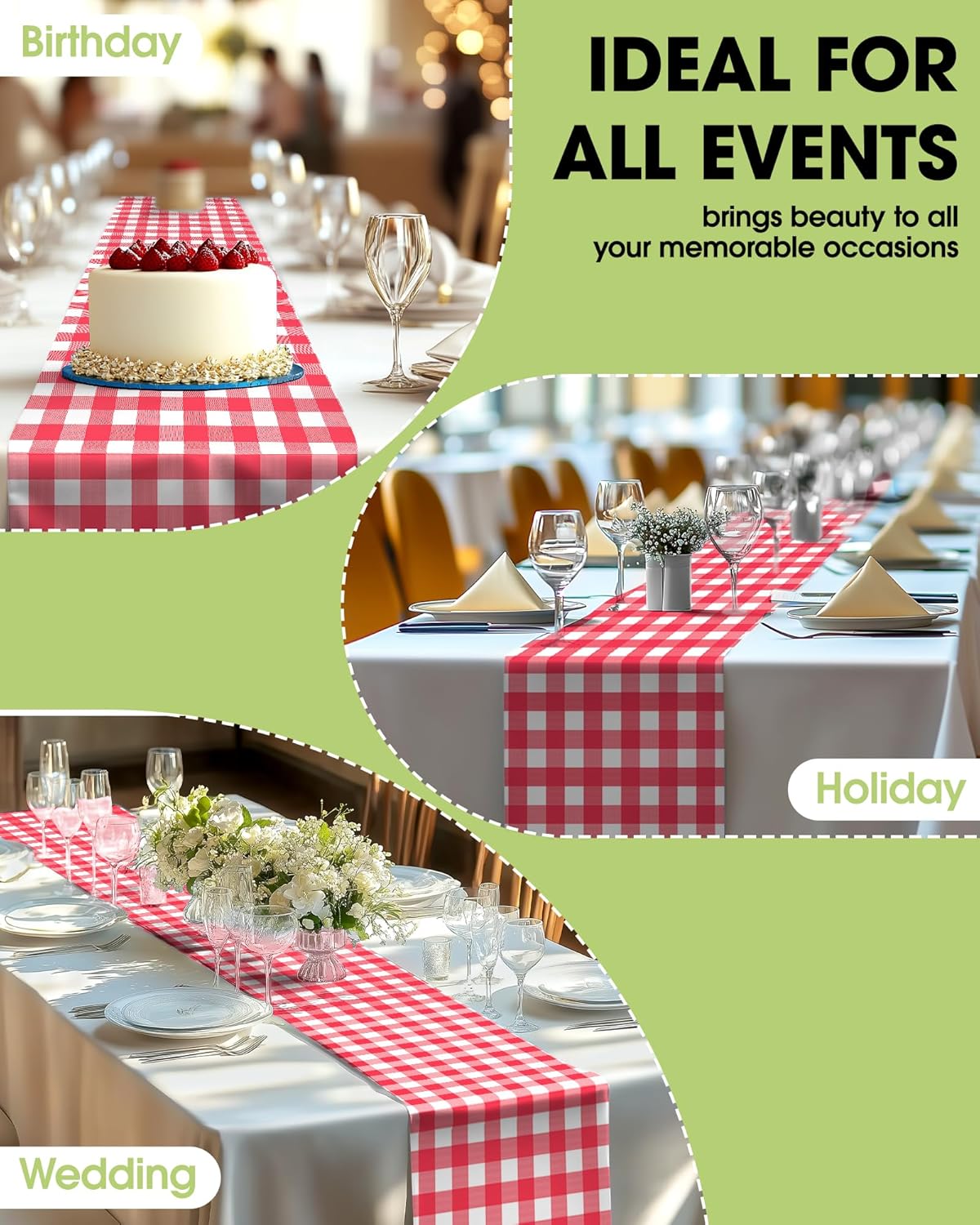 Pureegg Gingham Plastic Table Runners - 12 Pack, 14'' x 108'', Water Resistant & Disposable Plaid Centerpiece Decorations for Table Cloth, Birthday, Holiday, Party, Red and White Checkered Home Decor