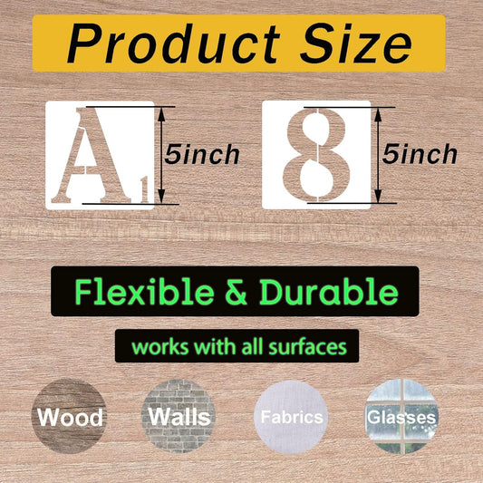 5 Inch Letter Stencils Numbers Craft Stencils, 42 Pcs Reusable Plastic Alphabet Drawing Templates for Painting on Wood, Wall, Fabric, Rock, Signage, Door Porch, DIY Art Projects