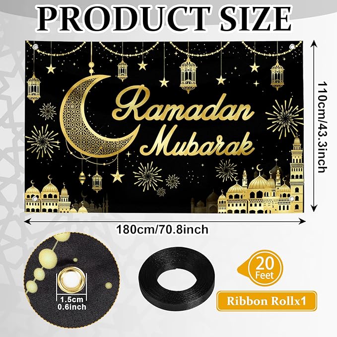 Large Ramadan Banner Decorations Outdoor 72x44 Inch,Eid Ramadan Mubarak Kareem Ramadan Photography Banner for Muslim Indoor Home House Decor Party Supplies,Yard Sign Photography Background Black Gold