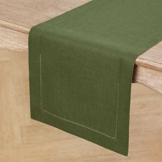 Solino Home Linen Olive Table Runner 132 Inches Long - 100% Pure Linen Extra Long Table Runner 14 x 132 Inch for Fall, Autumn, Thanksgiving - Classic Hemstitch