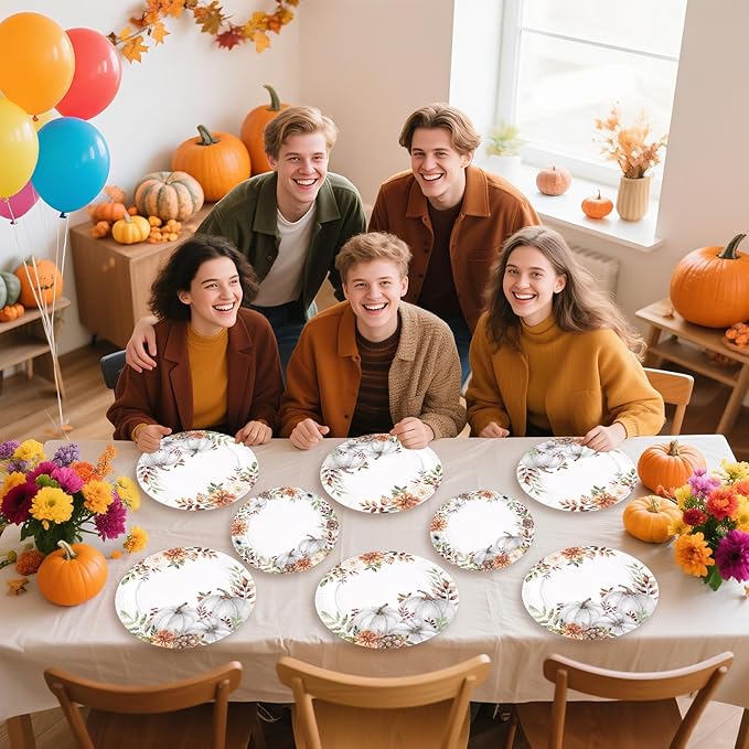 Grencian 200 Pcs Fall Pumpkin Paper Plates Watercolor Pumpkin Floral Platters Disposable White Pumpkin Decorative Tableware for Thanksgiving Harvest Wedding Birthday Party Decor Supplies Serves 50
