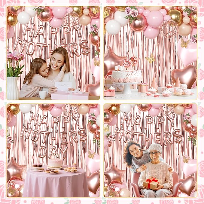 Happy Mother's Day Decorations, Rose Gold Pink Peach White Gold Foil Confetti Balloons Gold Butterfly Fringe Curtains for Mother's Day Party Decorations