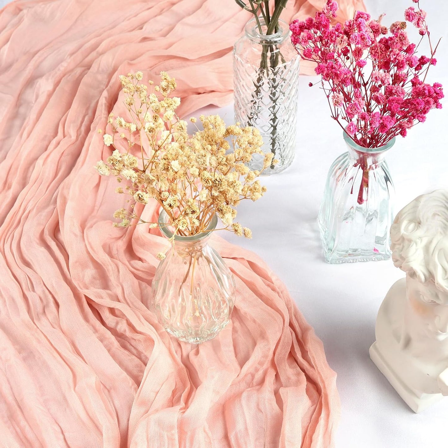 12 Pack 10FT Blush Pink Cheesecloth Table Runner 35x120 Inch Gauze Rustic Boho Table Runner Cheese Cloth for Wedding Decor Birthday Party Bridal Baby Shower Table Centerpiece Decoration