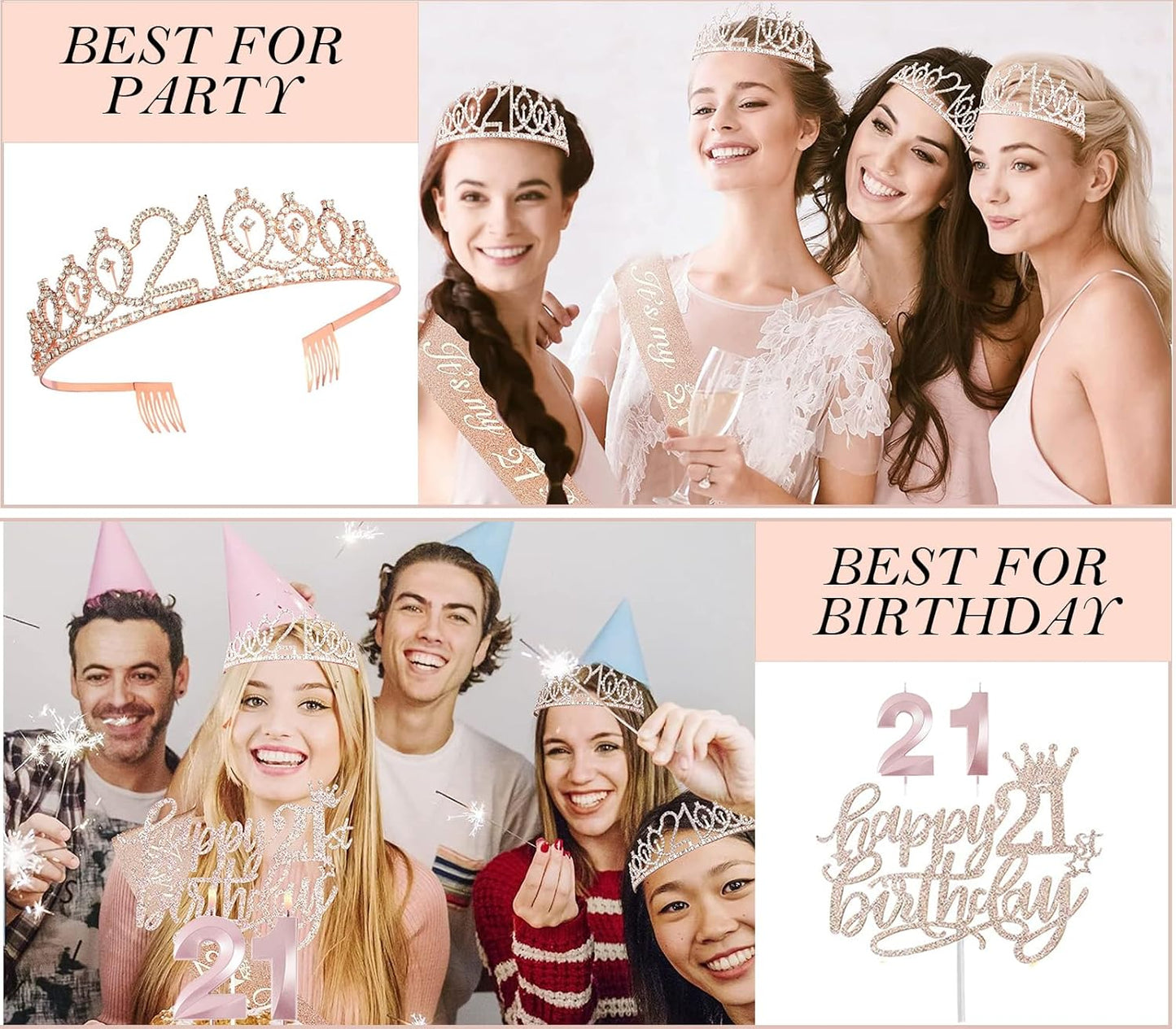 21st Birthday Gifts Decorations for Her, Including 21st Cake Toppers, Birthday Queen Sash with Pearl Pin, Sweet Rhinestone Tiara Crown, Number Candles and Balloons Set, Rose Gold