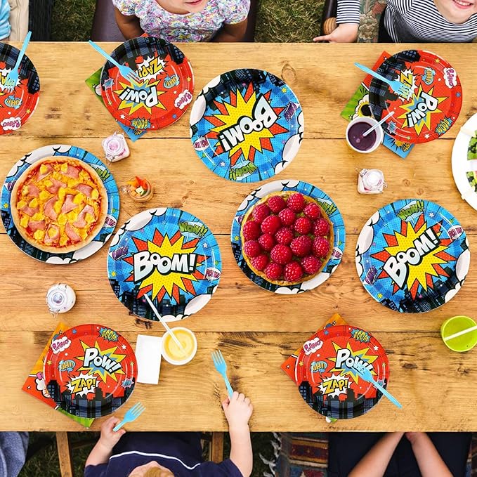 Grencian 200Pcs Super Theme Hero Party Decorations Colorful Super Theme Hero Plates and Napkins Disposable Heros Action Paper Tableware Set for Boys Birthday Baby Shower Party Supplies, Serves 50