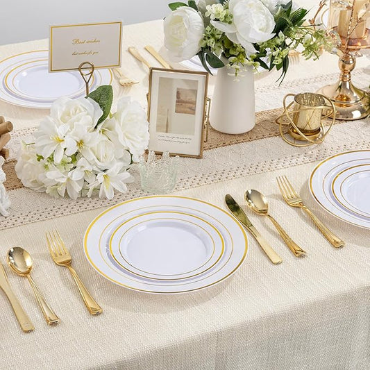 100PCS Gold Plastic Plates, 10 Inch Plates Disposable Dinner Plate Party with Gold Rim, Heavy Duty Disposable Plastic Plate for Party, Wedding and Birthday