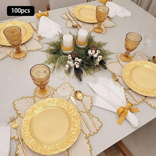 100 Pcs Gold Charger Plates Bulk, 13 Inch Antique Charger Plate Set Plastic Embossed Dinner Plate Reusable Plates for Table Setting Wedding Party (Gold)