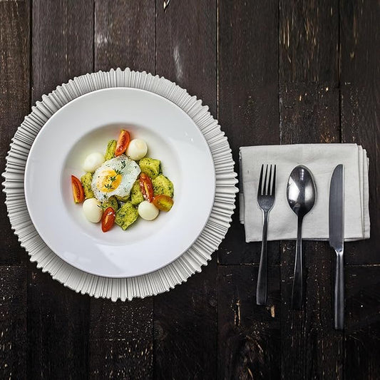 13" Line Silver Charger Plates, Classic Chargers for Dinner Plates, Reusable Plastic Table Setting Bulk Event, Party, Wedding, Festival, Baby Shower