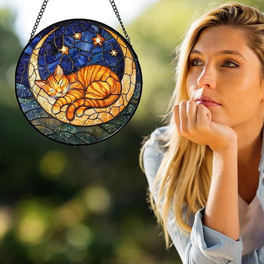 Stained Glass Window Hanging - Orange Moon Sleeping Cat Sun Catcher for Door Home Decor Blue Starry Sky Suncatcher Christmas Mother's Day Birthday Gifts for Women Men Mom Nana 9.8 in