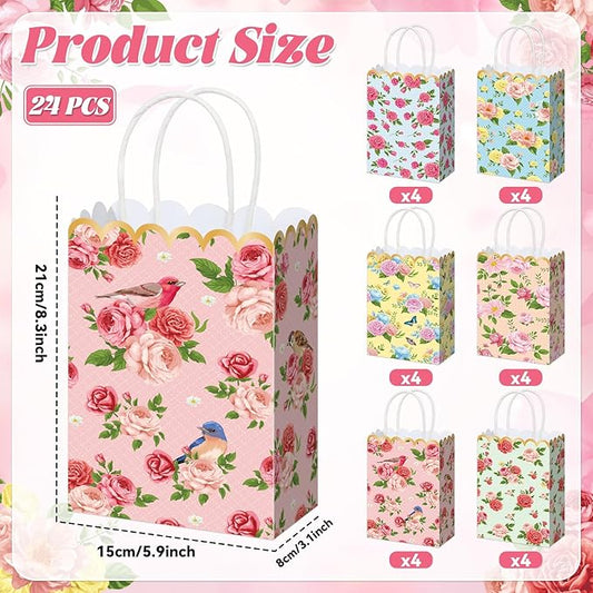 Vintage Floral Gift Bags Bulk Tea Party Favors Flower Tea Party Goodie Bags Treat Candy Bag Spring Wildflower Birthday Favors Decoration for Princess Birthday Wedding Garden Bridal Shower 24Pcs