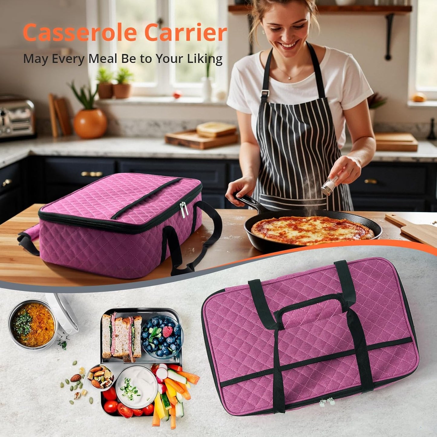 Lunch Bag - Large Insulated Casserole Carrier, Reusable Lunch Box for Men/Women, Insulated Lunch Bag Leakproof Lunchbox for Men Adults Work Picnic Hiking Beach(Pink) 17.12" x 11.42"x 4.53"