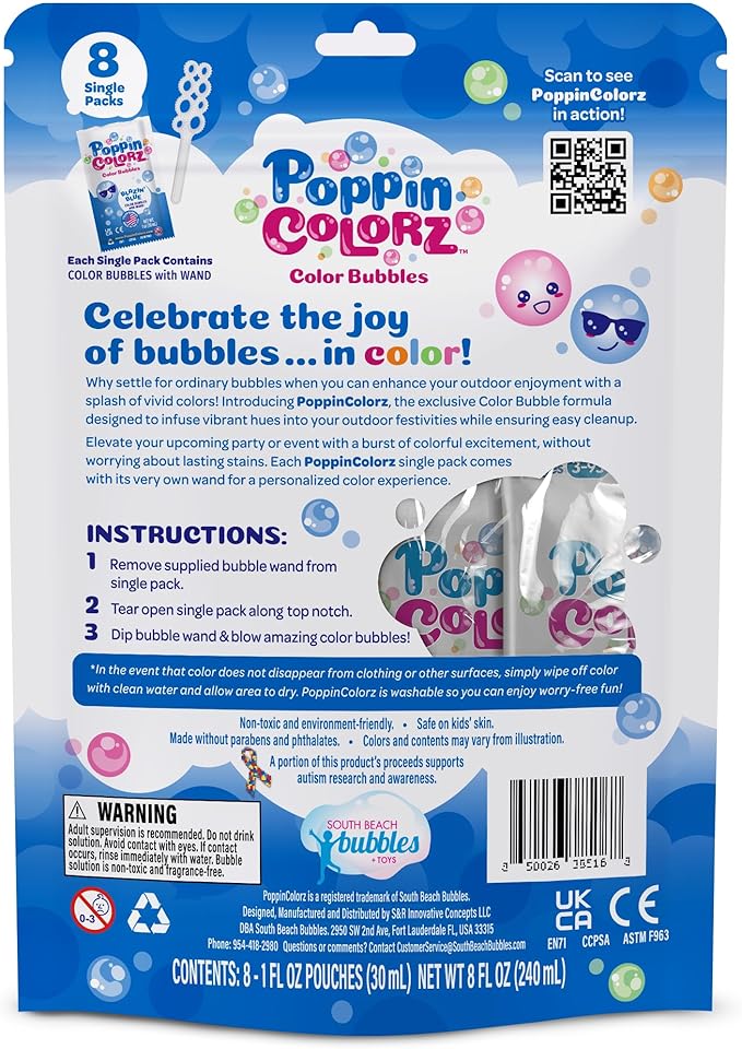 PoppinColorz Blazin' Blue Stain-Free Bubbles Party Favors – 8-Pack for Kids with Wands, Non-Toxic Party Favor for Birthday, Gender Reveal & Outdoor Fun – Bubbles Made in USA