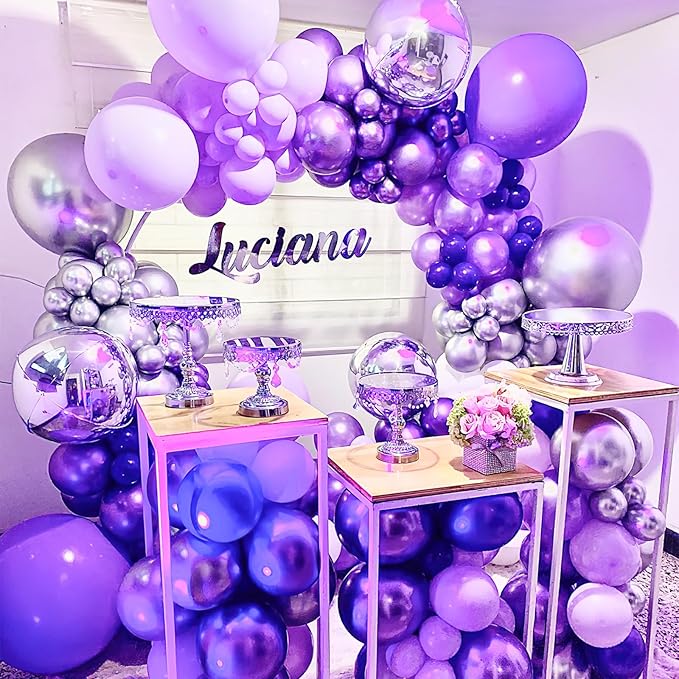PartyWoo Purple Balloons, 140 pcs Lilac and Metallic Purple Balloons Different Sizes Pack of 18 Inch 12 Inch 10 Inch 5 Inch for Balloon Garland Balloon Arch as Birthday Decorations, Party Decorations