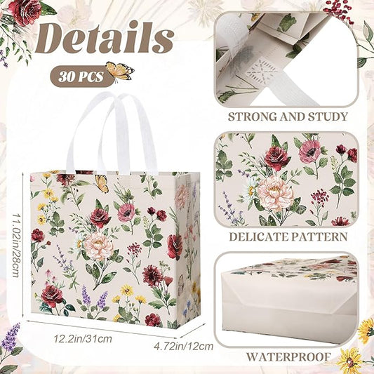 Abbylike 30 Pack Pink Wildflower Theme Reusable Gift Bag Bulk Large Floral Print Shopping Bag Vintage Tote Non Woven Tote for Wedding Birthday Baby Shower Holiday Travel, 12.2 x 11.02 x 4.72 Inches