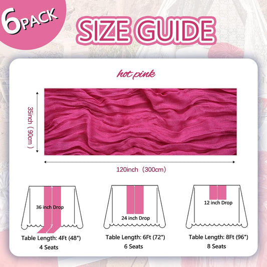 6 Pack Hot Pink Cheesecloth Table Runner 10ft Boho Gauze Fabric Cheese Cloth Table Runner 35 x 120 Inch Rustic Sheer Runner for Romantic Wedding Decor Baby Shower Party Table Centerpiece Decoration
