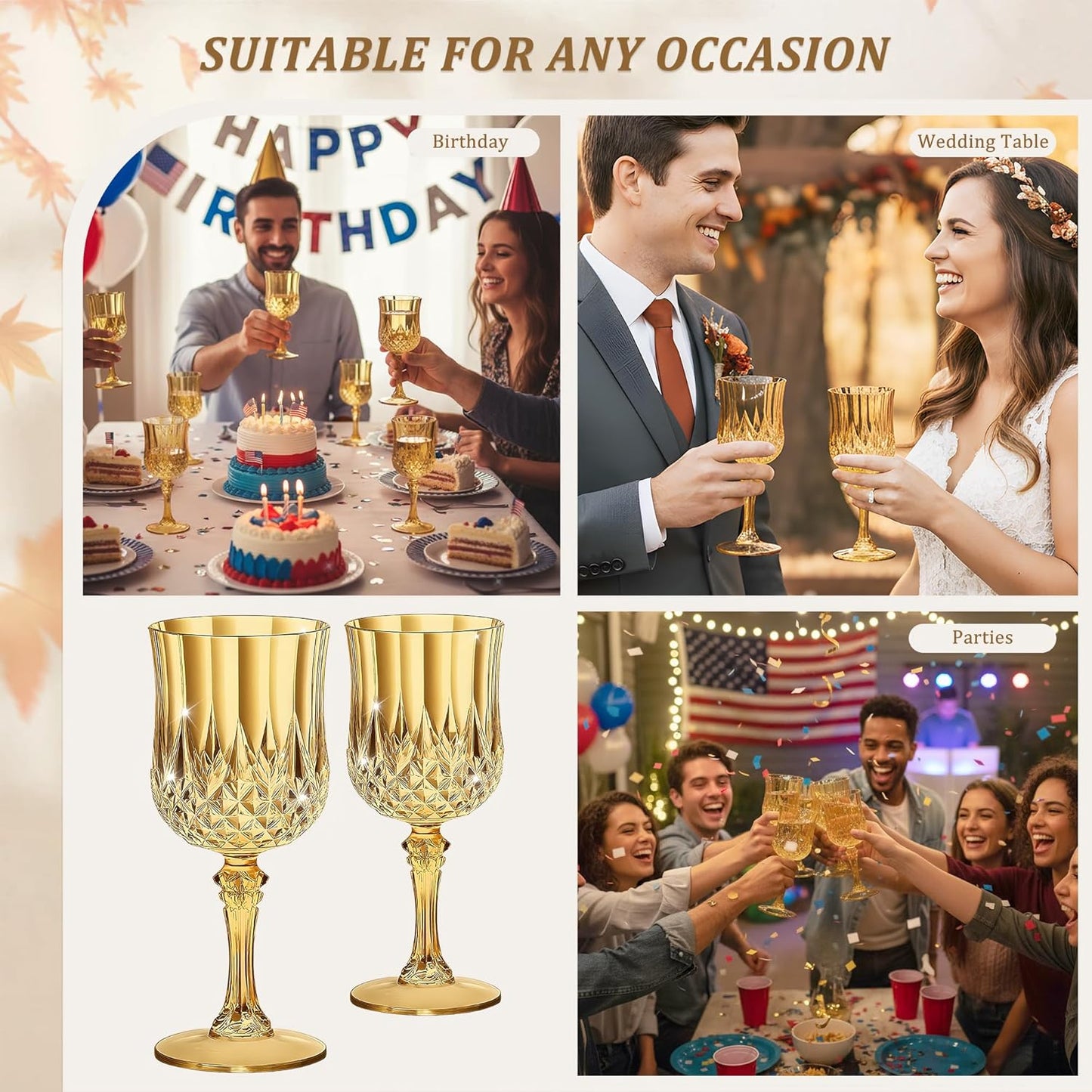 24PCS 7OZ Gold Wine Plastic Glasses, Drinking Champagne Glasses Flutes Crystal Vintage Water Unbreakable Goblets for Autumn, Wedding, Parties