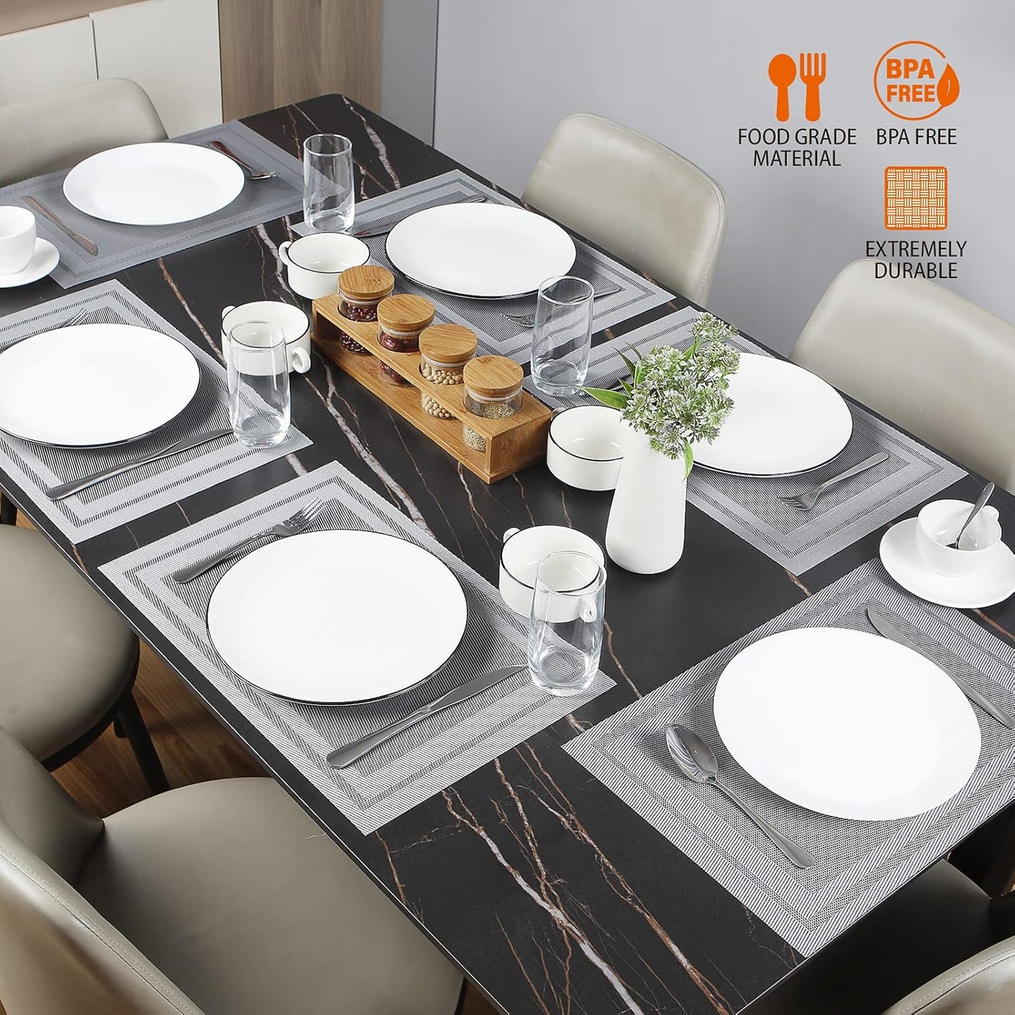 Placemats Set of 6,Washable,Heat and Stain Resistant Indoor/Outdoor Place mats,Vinyl Woven Non Slip Table Mats for Restaurant Table Protection,PVC Placemats(Gray,6PCS)