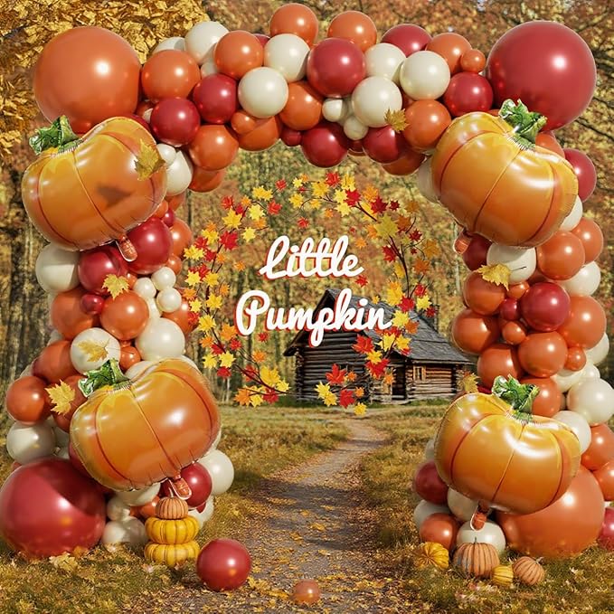Fall Balloon Arch Garland Kit 153pcs with Pumpkins, Thanksgiving Balloons Arch Kit Burnt Orange Burgundy Yellow Balloons Different Sizes for Little Pumpkin Birthday Baby Shower Decoration