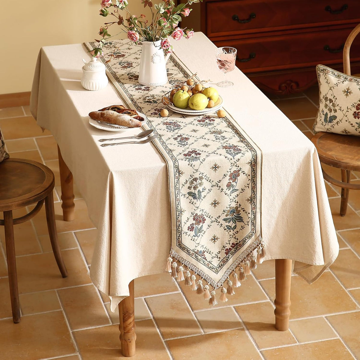 patdrea Designer Vintage Floral Linen Table Runner 71 Inch Long, Beige Cottage Rustic Bouquets Pattern Table Mat,Decor for Kitchen Dining Coffee Table Shelf Cabinet Banquet Christmas ,12"*71"