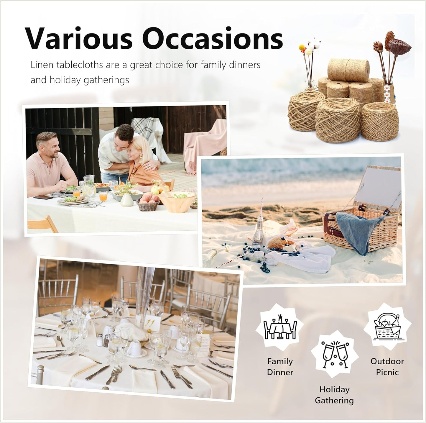 Linen World Linen Tablecloth,100% Pure Linen Cream Tablecloth 90" x 90" Inch,Washable Square Tablecloth for Dining,Outdoor,Weddings and Restaurants,Decorative Thanksgiving Christmas,Jacquard Weave