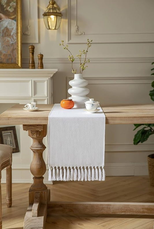 ZeeMart White Table Runners 60 Inches Long, Burlap Linen Style Rustic Farmhouse Table Runner, Boho Woven Dining Table Runner, 13x60 Inches, White
