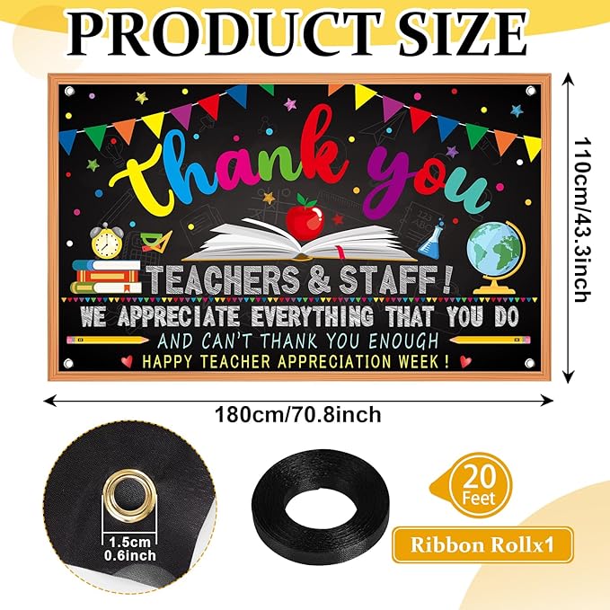 Happy Teacher Day Banner Teacher Appreciation Week Decorations Flag Outdoor 71x44 Inch School Classroom Backdrop,Thank You Teacher Gifts for Indoor Home Party Supplies,Yard Sign Photography Background