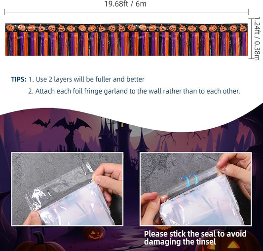 Mega-L Halloween Party Decorations, 2 Packs 39 Feet Foil Fringe Banner Tinsel Streamers, Orange Purple Black Pumpkin Metallic Hanging Backdrop Garland Table Skirts for Indoor House Car Parade Floats