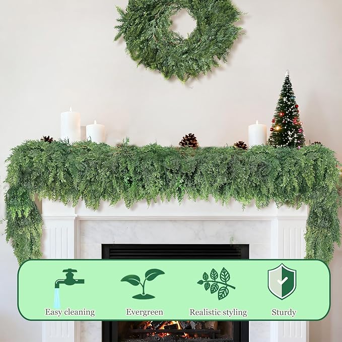 Grever 6 Feet Artificial Cedar Garland Real Touch Fake Evergreen Greenery Garland for Indoor and Outdoor Fireplace, Mantle, Door, Windows, Table, Stairs, Wall, Wedding and Holiday Decor