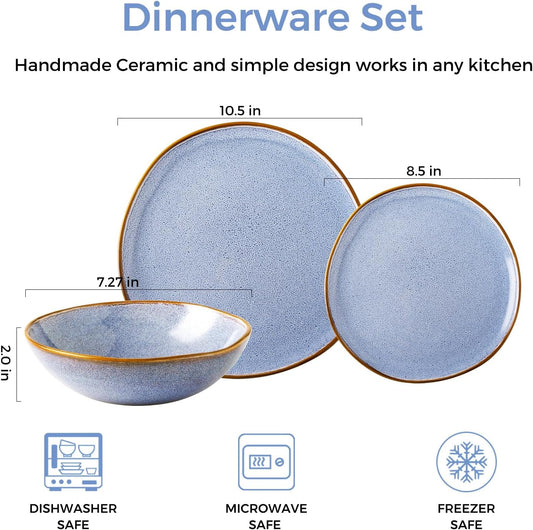 AmorArc Ceramic Dinnerware Sets,Handmade Reactive Glaze Stoneware Plates and Bowls Set,Highly Chip and Crack Resistant | Dishwasher & Microwave Safe Dishes Set,Service for 8 (24pc)-Reactive Blue