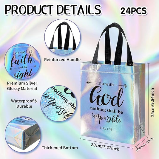HunnmingRe 24 Pcs Religious Gift Bags Bulk, Non Woven Christian Bible Verse Gift Bags with Handle, Reusable Religious Iridescent Tote Bag for Easter Baptism Catholic Party Favors Gifts Wrapping