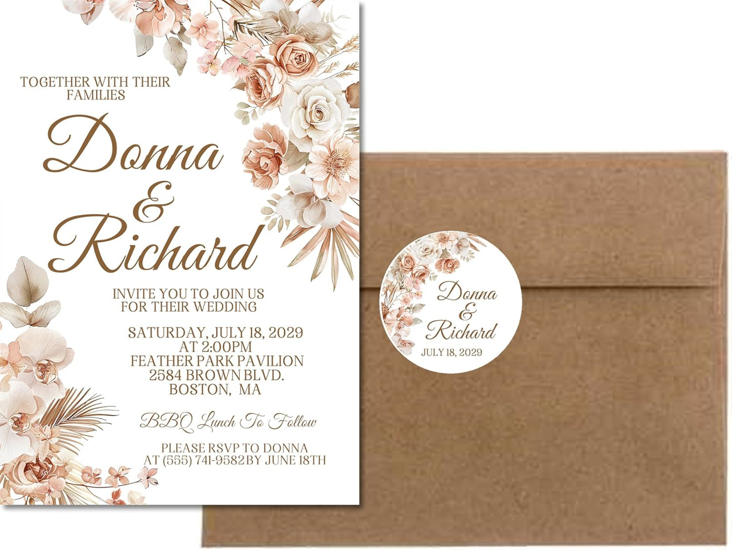 Neutral Blush Rose & Pampas Grass Wedding Invitations, Boho Design, Personalized, Set of 12 Invitations with Envelopes