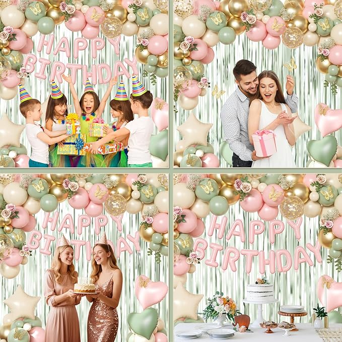 Pink and Green Birthday Decorations for Women Girls, Sage Green Pink Sand White Gold Foil Confetti Balloons Happy birthday Banner Gold Butterfly Fringe Curtains Birthday Decorations