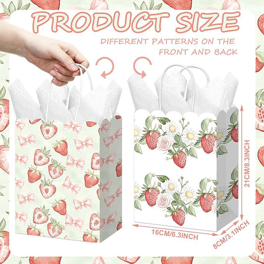 Kolldenn 24 Pcs Strawberry Party Gift Bags with Handles Paper Treat Goodie Bags Scalloped for Birthday Decoration for Bridal Baby Shower Tea Party Supplies