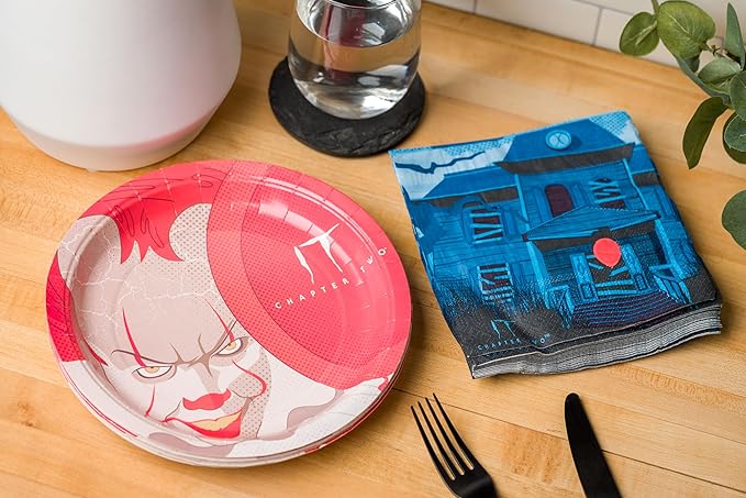 Silver Buffalo IT Chapter 2 Pennywise the Clown 32 Pack Partyware Disposable Paper Plates and Napkins