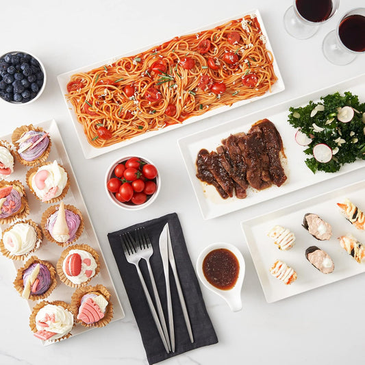 DOWAN 14.5" Rectangular Plates Set of 4 - Long Serving Trays for Sushi, Pasta, Chips, Appetizer, Cake - White Ceramic Rectangle Platter for Party, Restaurant, Banquet - Dishwasher & Oven Safe