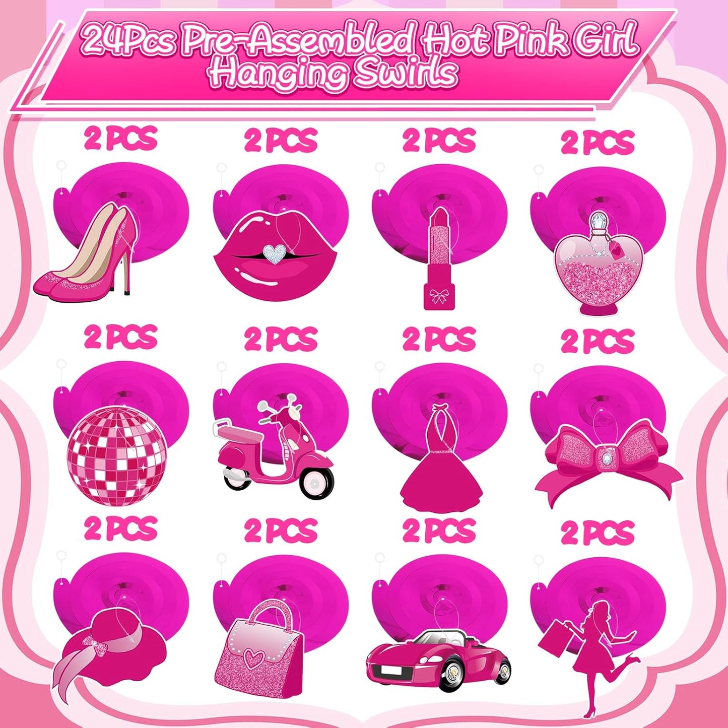 48Pcs Hot Pink Princess Party Hanging Decorations, Girls Princess Party Hanging Swirls Girls Party Swirls Decor for Princess Birthday Party Supplies