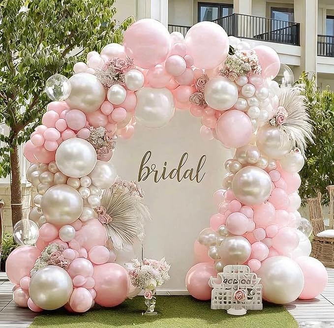Pink White Balloon Arch Kit with Clear Bobo Balloons, Double Stuffed Baby Pastel Pale Pink Pearl White Cream Balloon Garland for Baby Shower Birthday Bridal Wedding Mother's Day Party Decoration